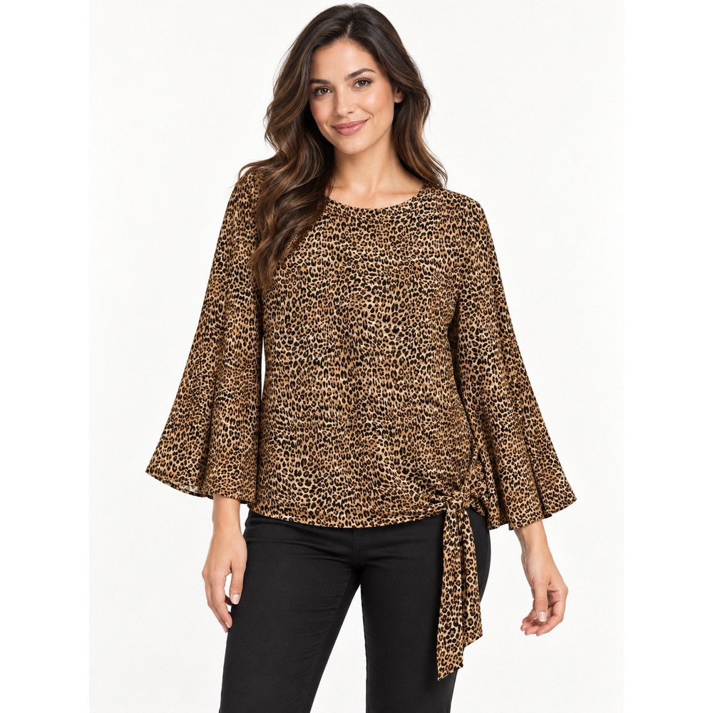 Thalia Sodi Womens Leopard Print Bell Sleeve Side Tie Blouse Brown Medium
